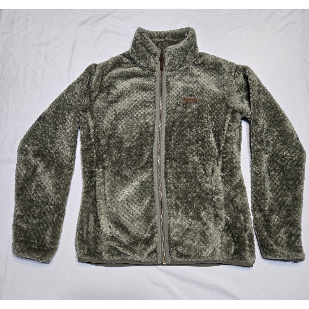 Columbia Womens Large Olive Green Sherpa Full Zip Jacket Cozy Pockets Fleece